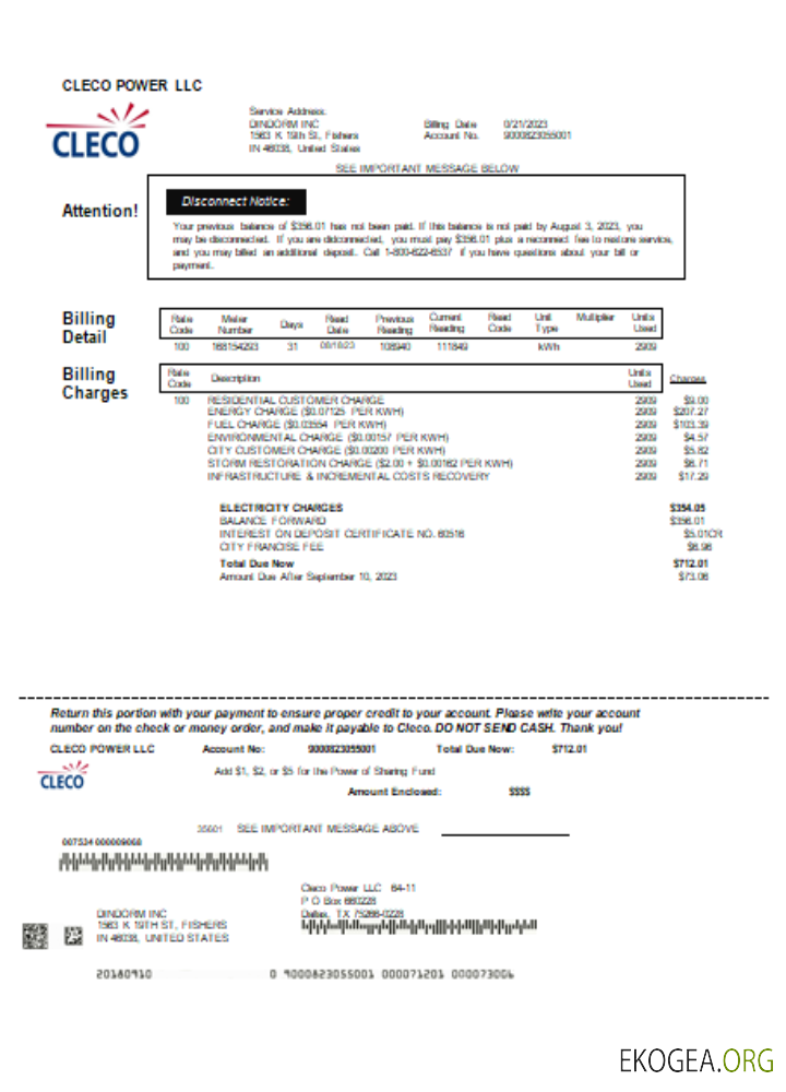 Facture commerciale du service public d'électricité Louisiana Cleco Power, SCR